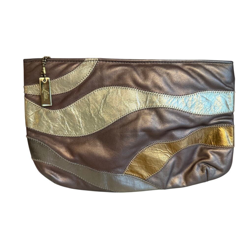 Vintage 70s Letisse Patchwork Leather Clutch Bag Bronze Gold